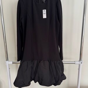 Express Black Long-Sleeve Drop-Waist Bubble Hem Dress